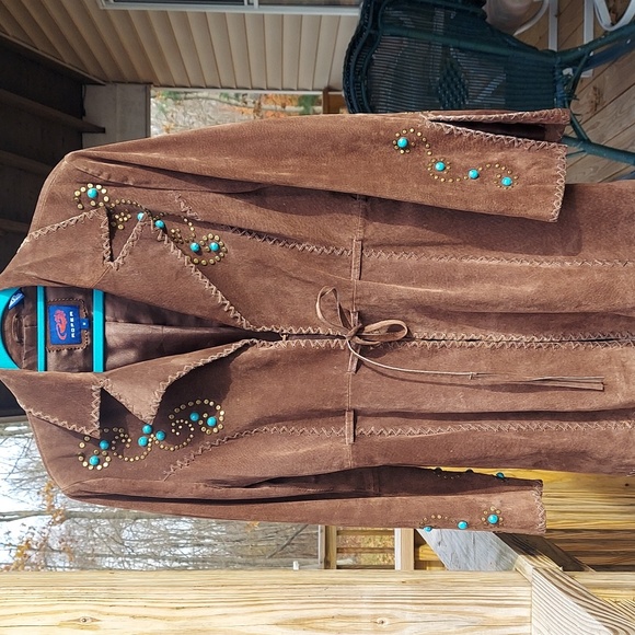 Roper Jackets & Blazers - ROPER Womens Brown Suede Leather Embellished long jacket Sz M